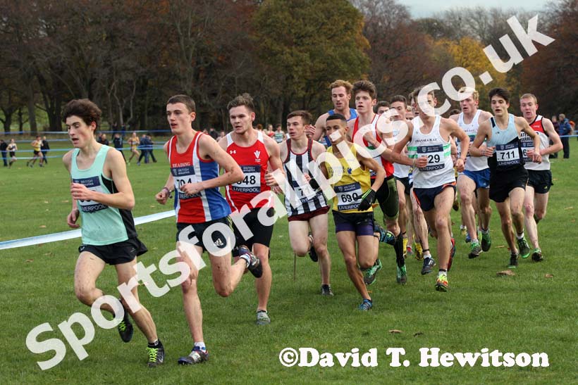 Alex Short leads eventual winner Jonathan Davies in the junior mens Liverpool Cross Challenge. David T. Hewitson/Sports for All Pics